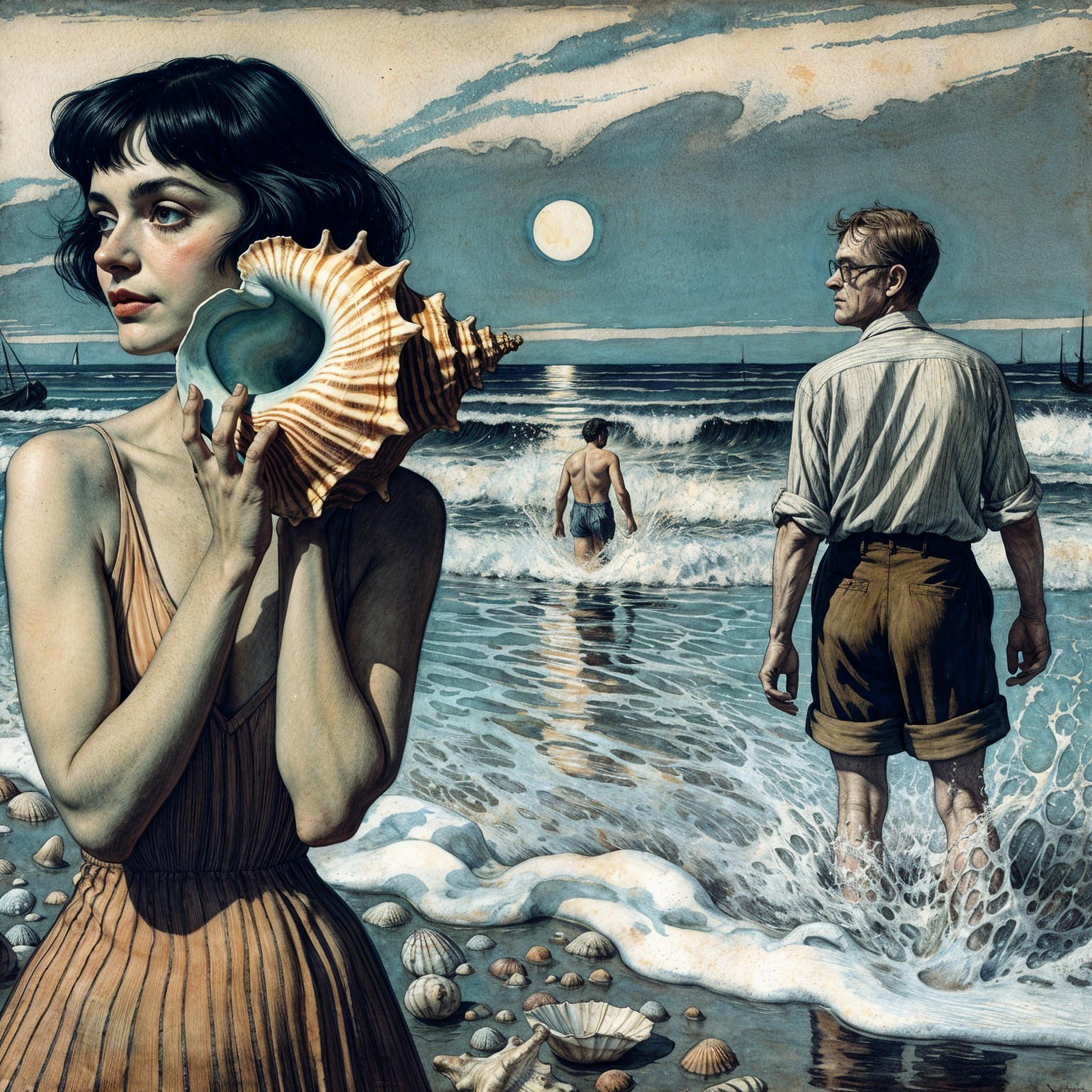 Woman with Conch Shell by the Ocean at Twilight
