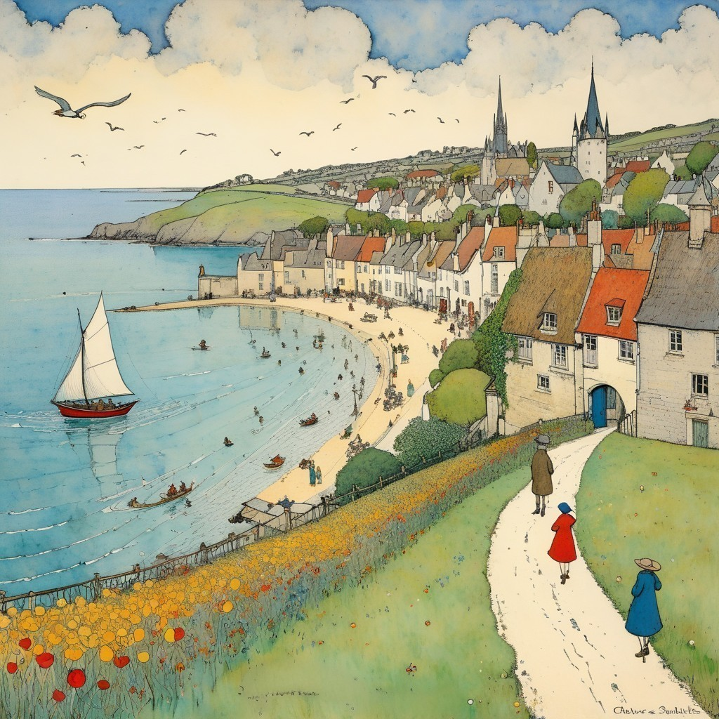 Charming Coastal Village Scene with Sailboat and Flowers