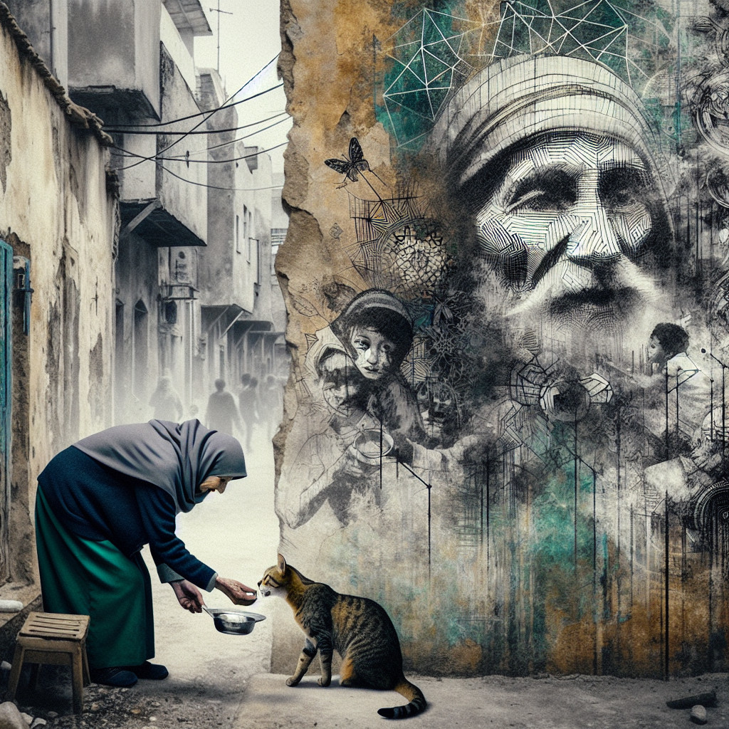 Elderly Woman Feeds Cat in Foggy Street with Mural