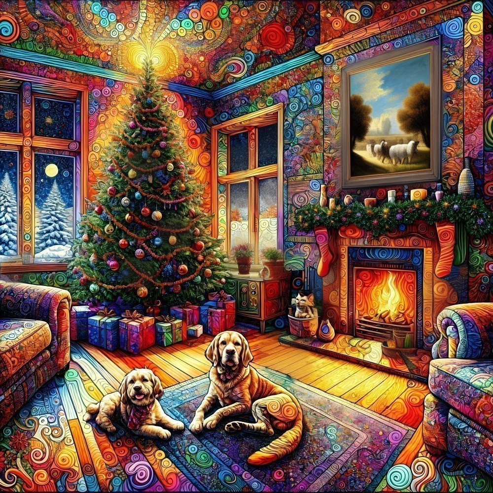 Vibrant Christmas Room with Tree and Puppies