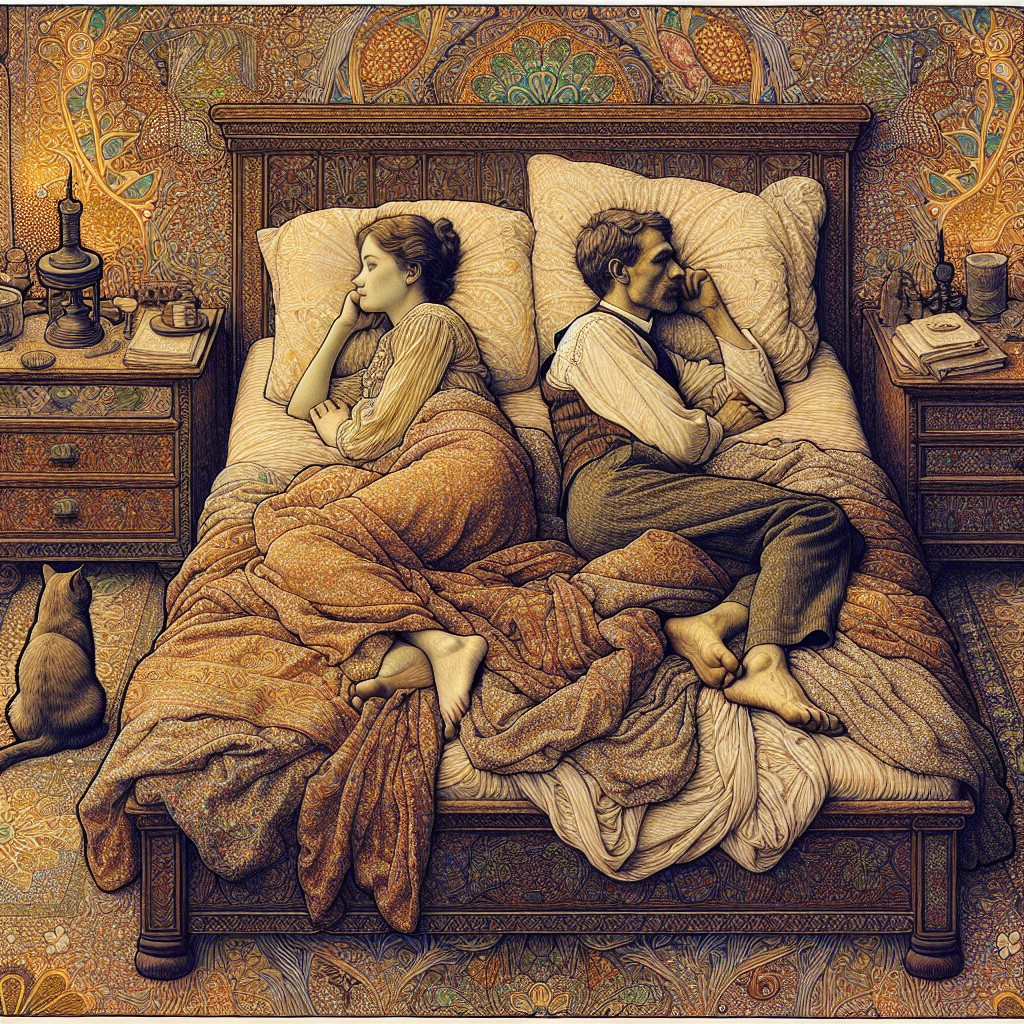 Couple in Thoughtful Bedroom with Cat and Ornate Decor