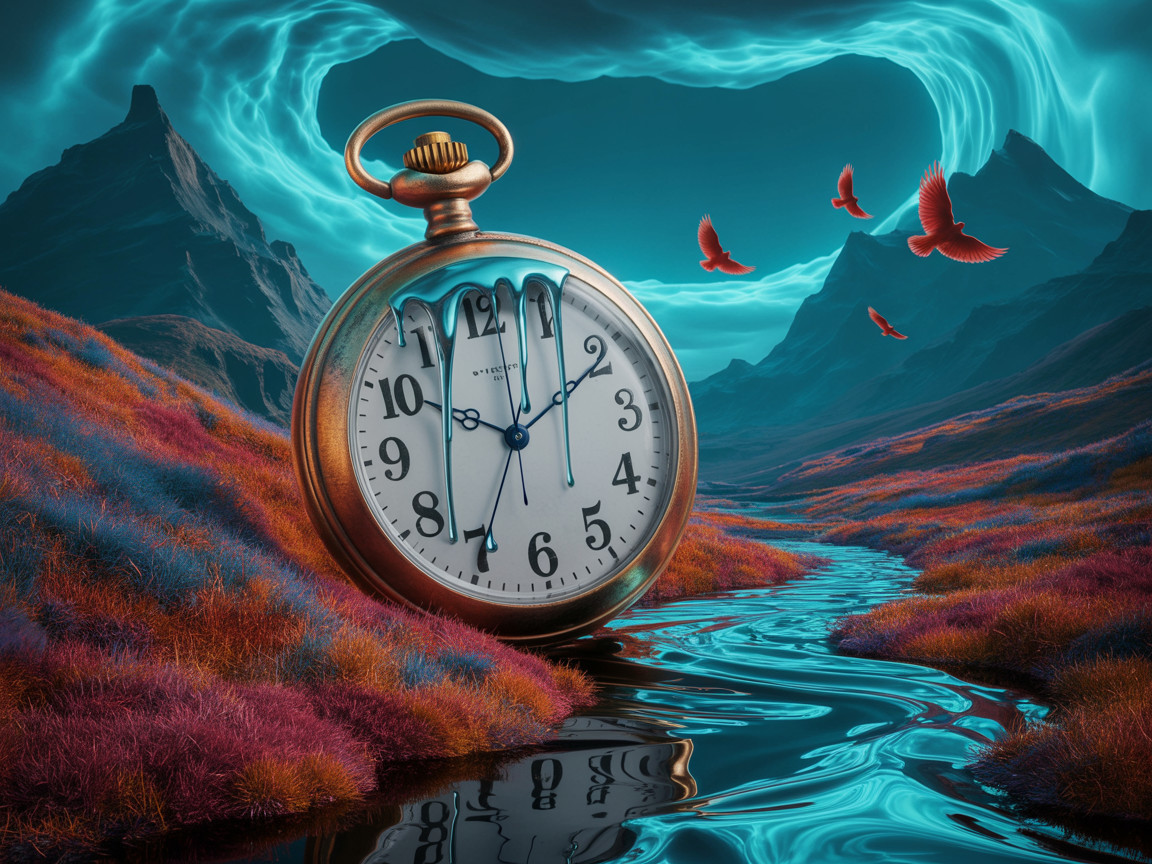 Antique Pocket Watch in a Surreal Colorful Landscape