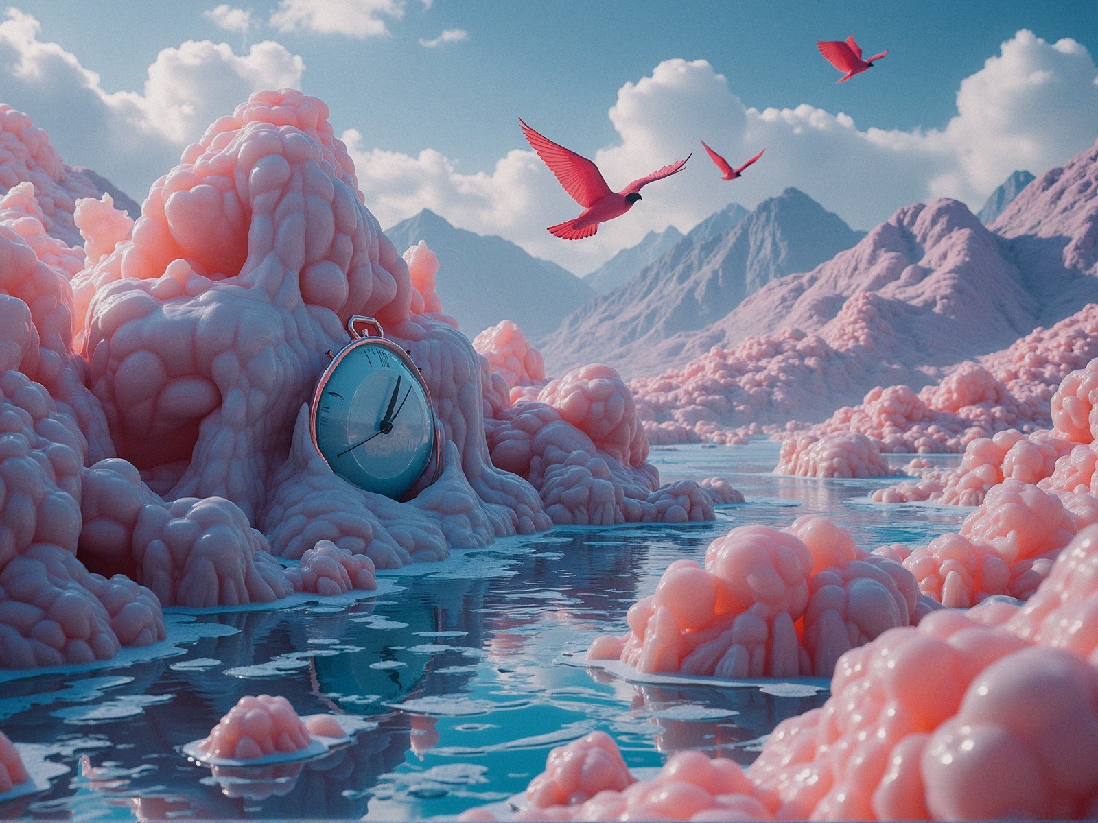 Surreal Landscape with Pink Clouds and Vintage Clock