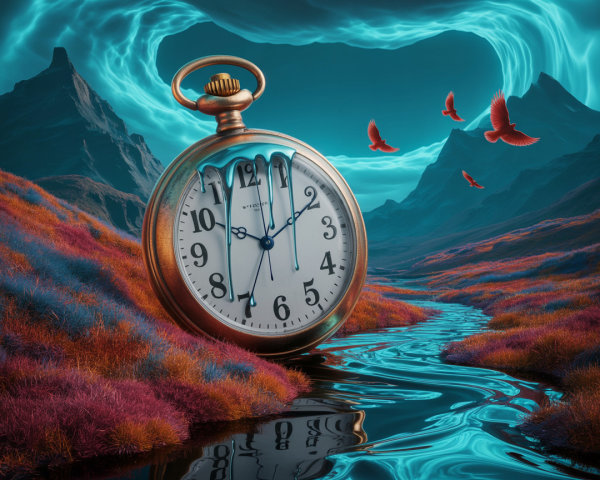 Antique Pocket Watch in a Surreal Colorful Landscape
