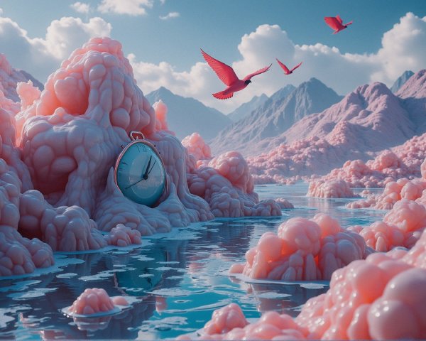 Surreal Landscape with Pink Clouds and Vintage Clock