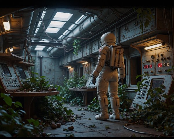 Astronaut in Abandoned Control Room Overrun by Nature