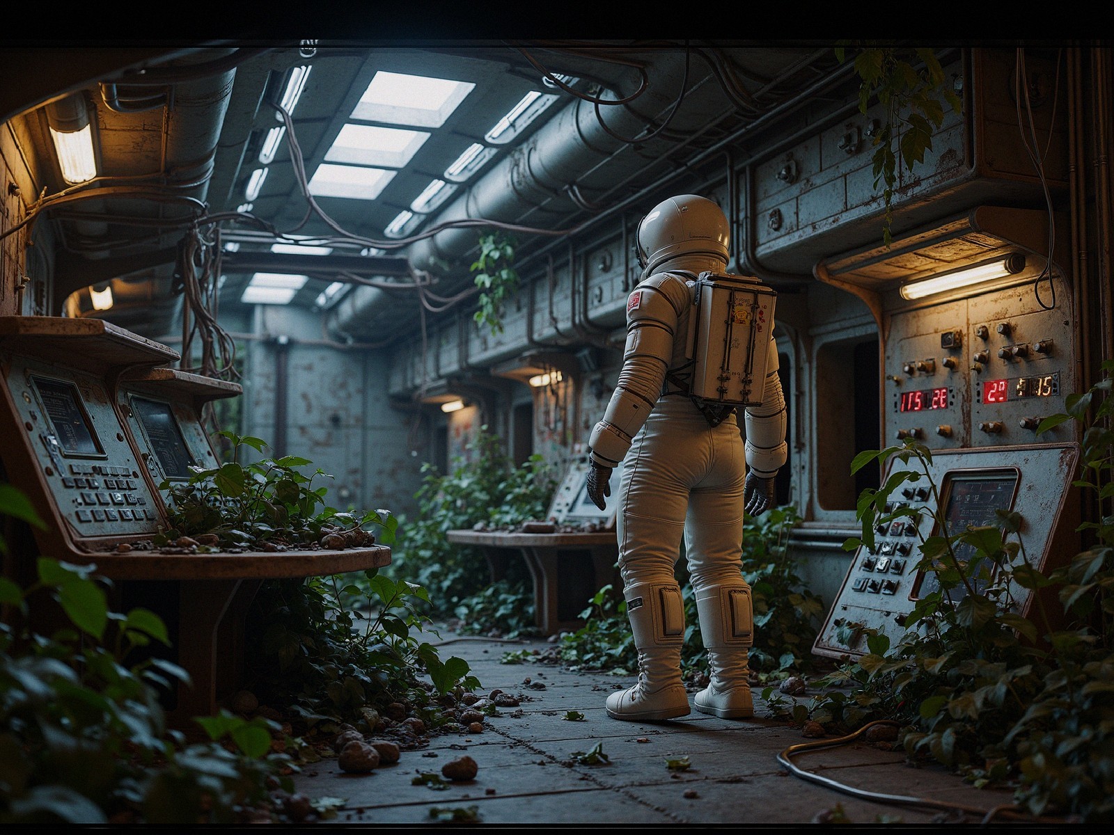 Astronaut in Abandoned Control Room Overrun by Nature