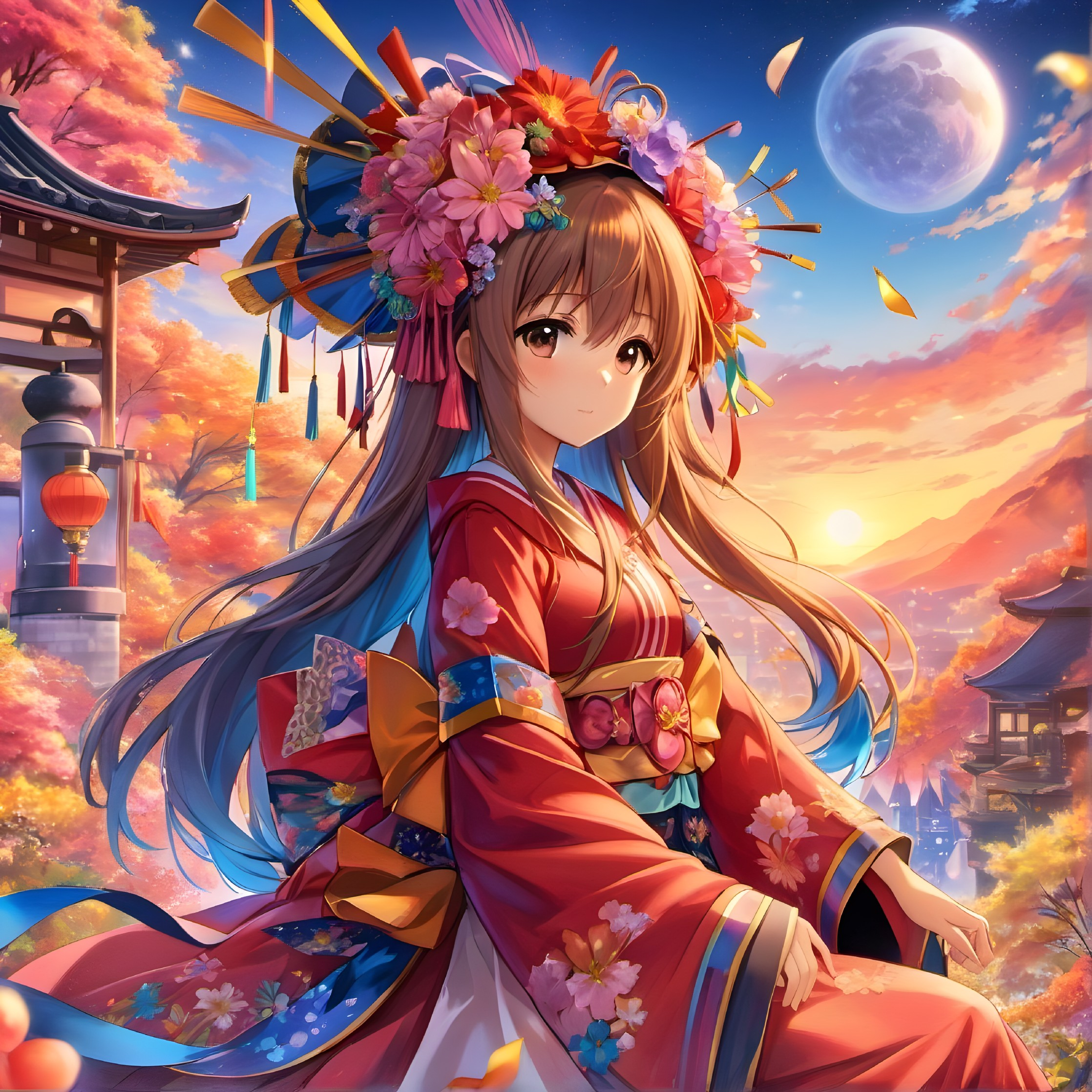 Colorful traditional outfit girl at Japanese shrine with cherry blossoms