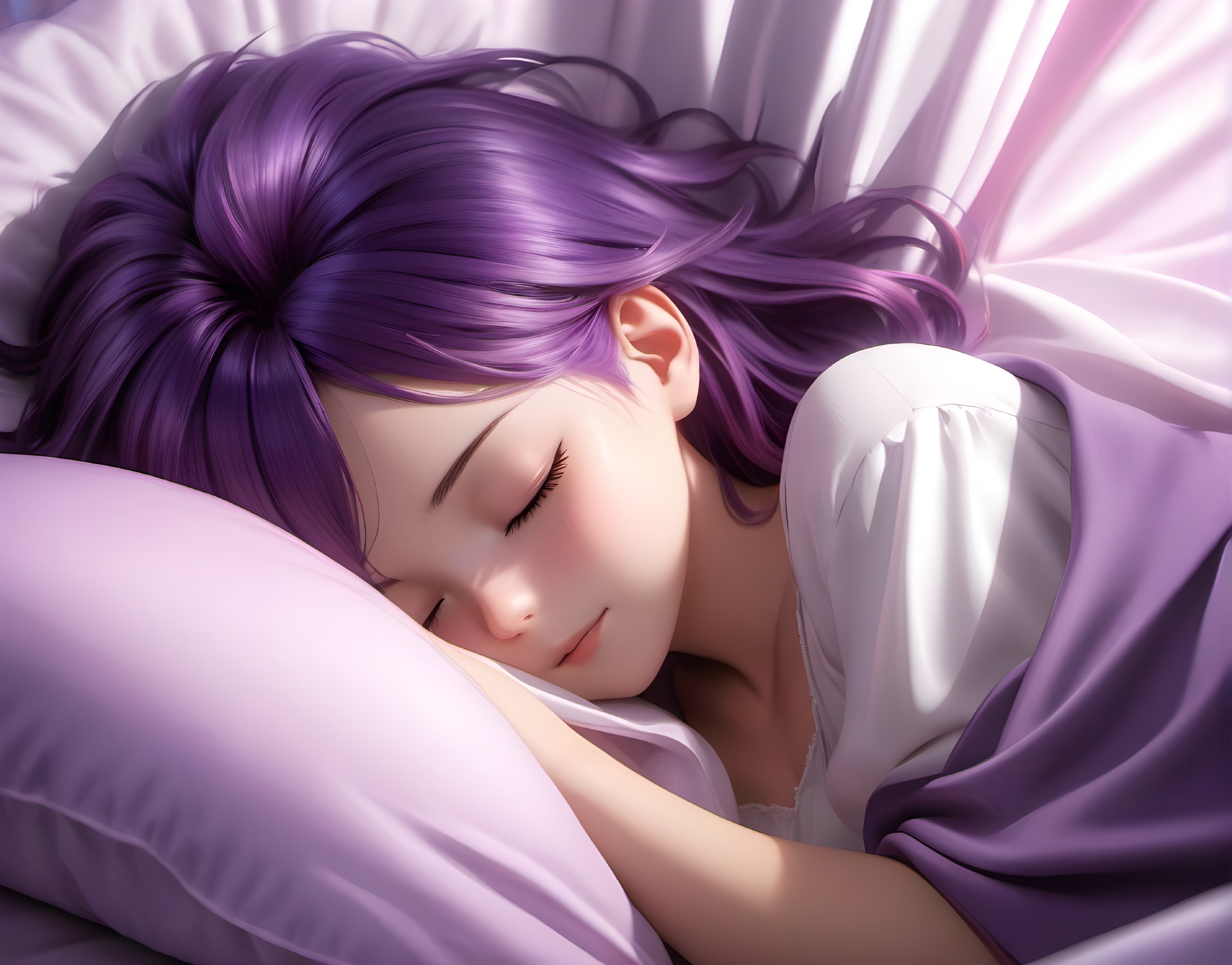Tranquil illustration of girl with purple hair sleeping on white pillow