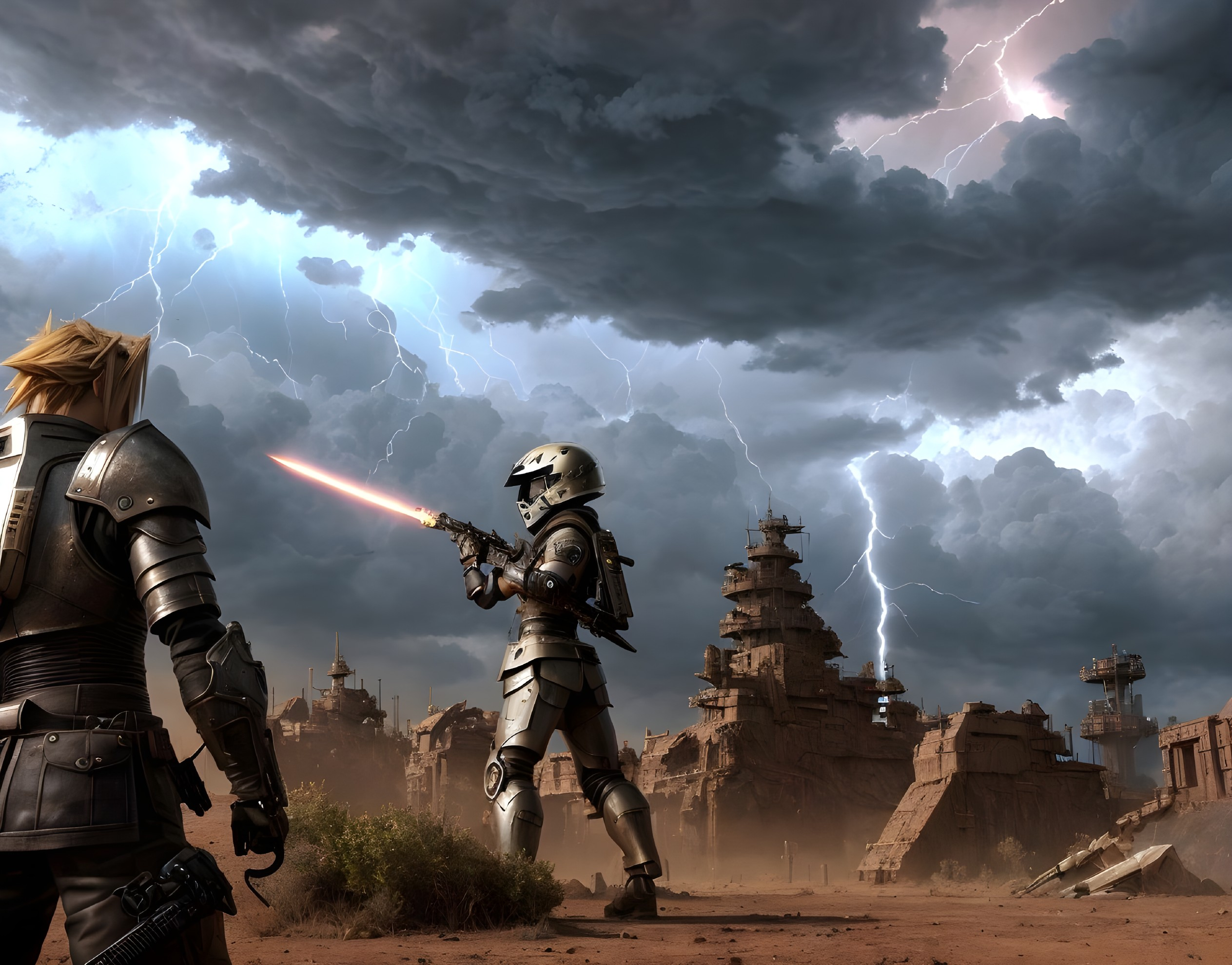 Armored warrior confronts figure with red saber in futuristic setting