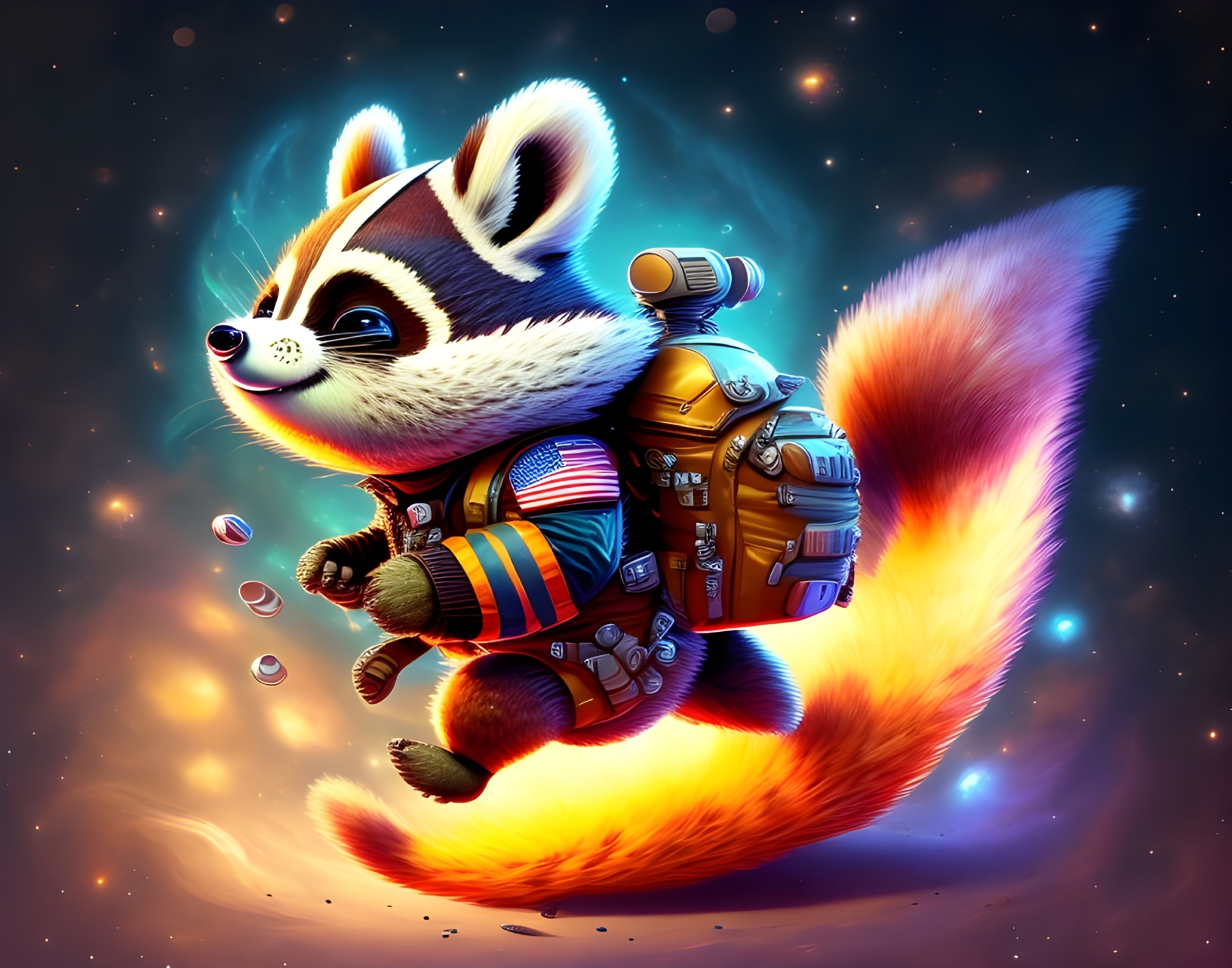 Raccoon Astronaut in Colorful Starry Space Scene