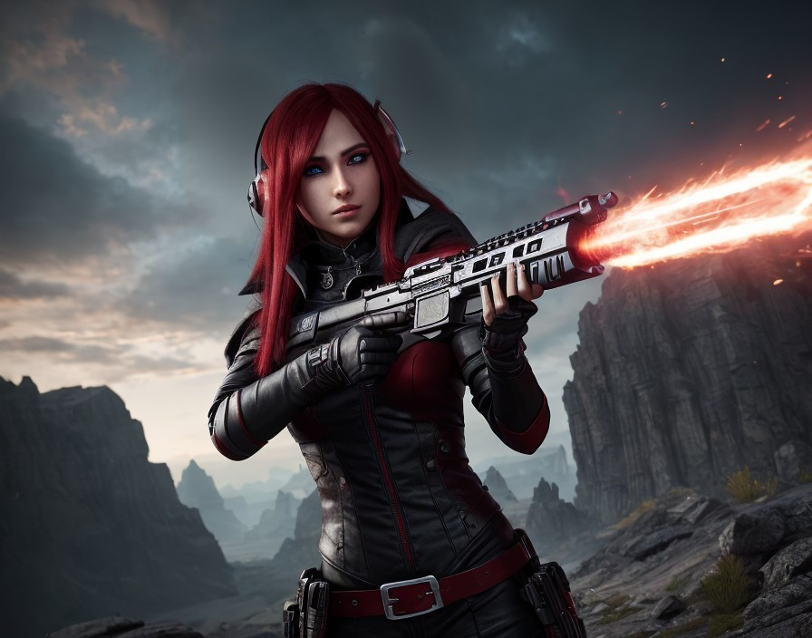 Red-haired female in futuristic armor with energy rifle in rocky landscape