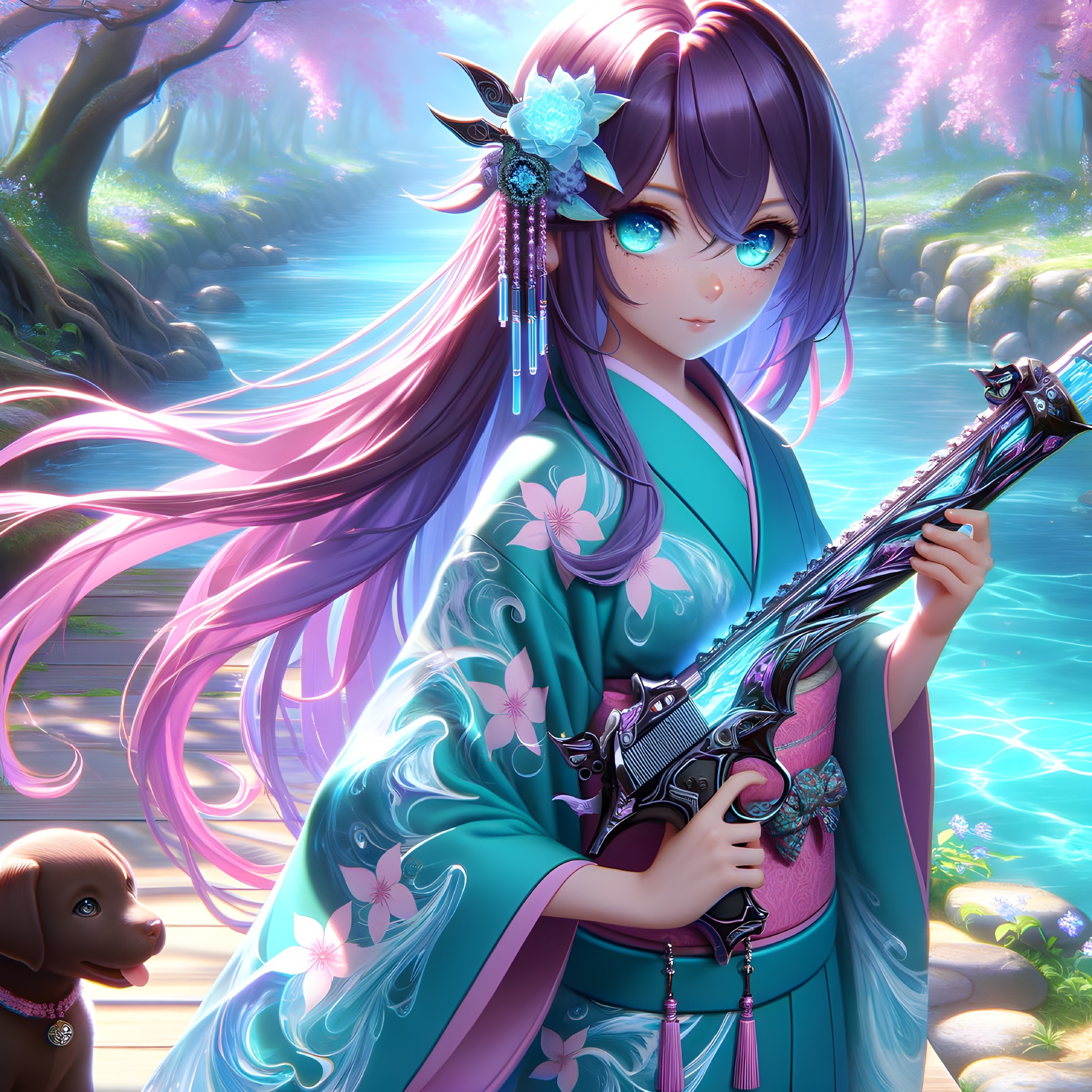 Mystical girl by serene river in vibrant kimono