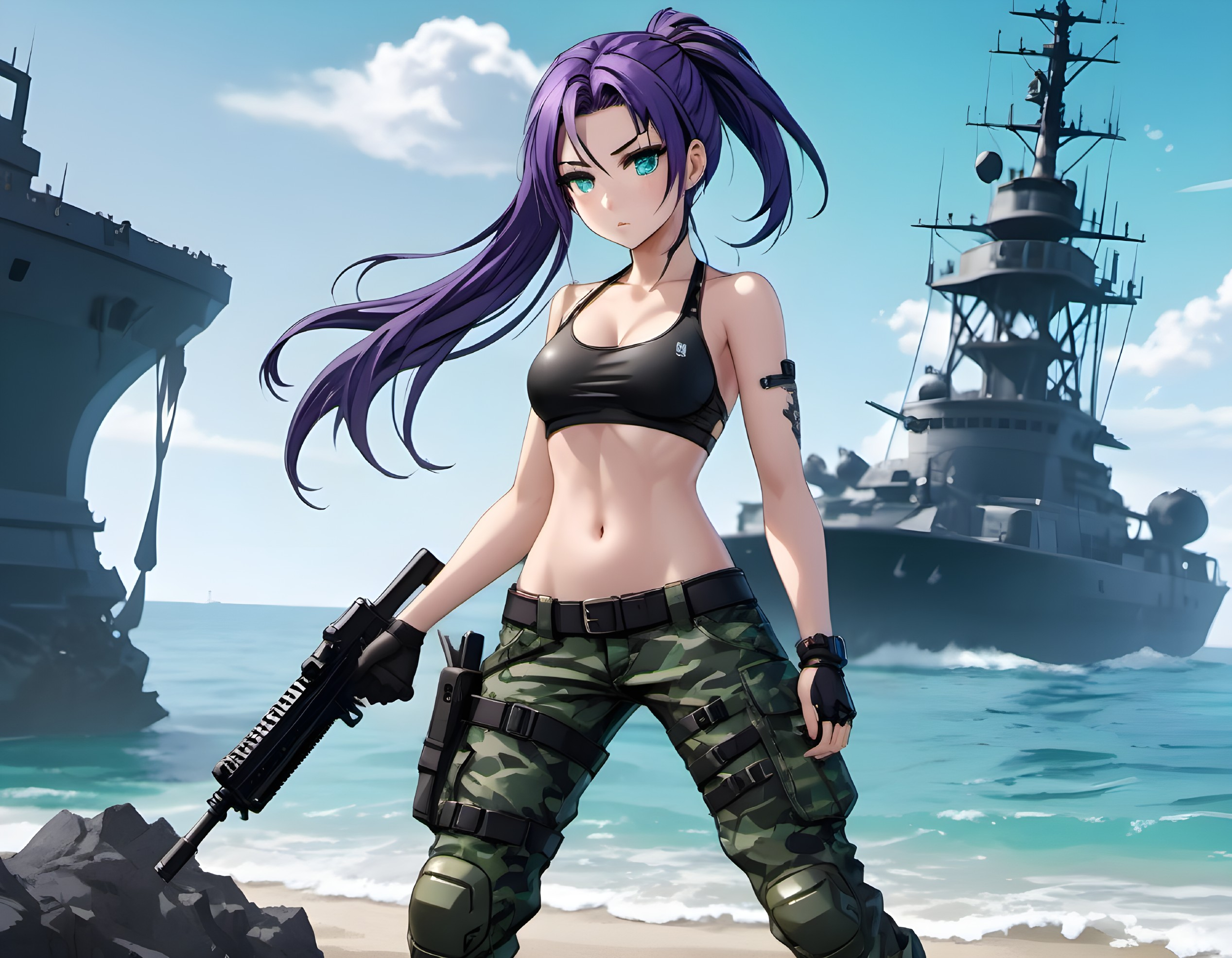 Young woman with rifle on beach near military ships