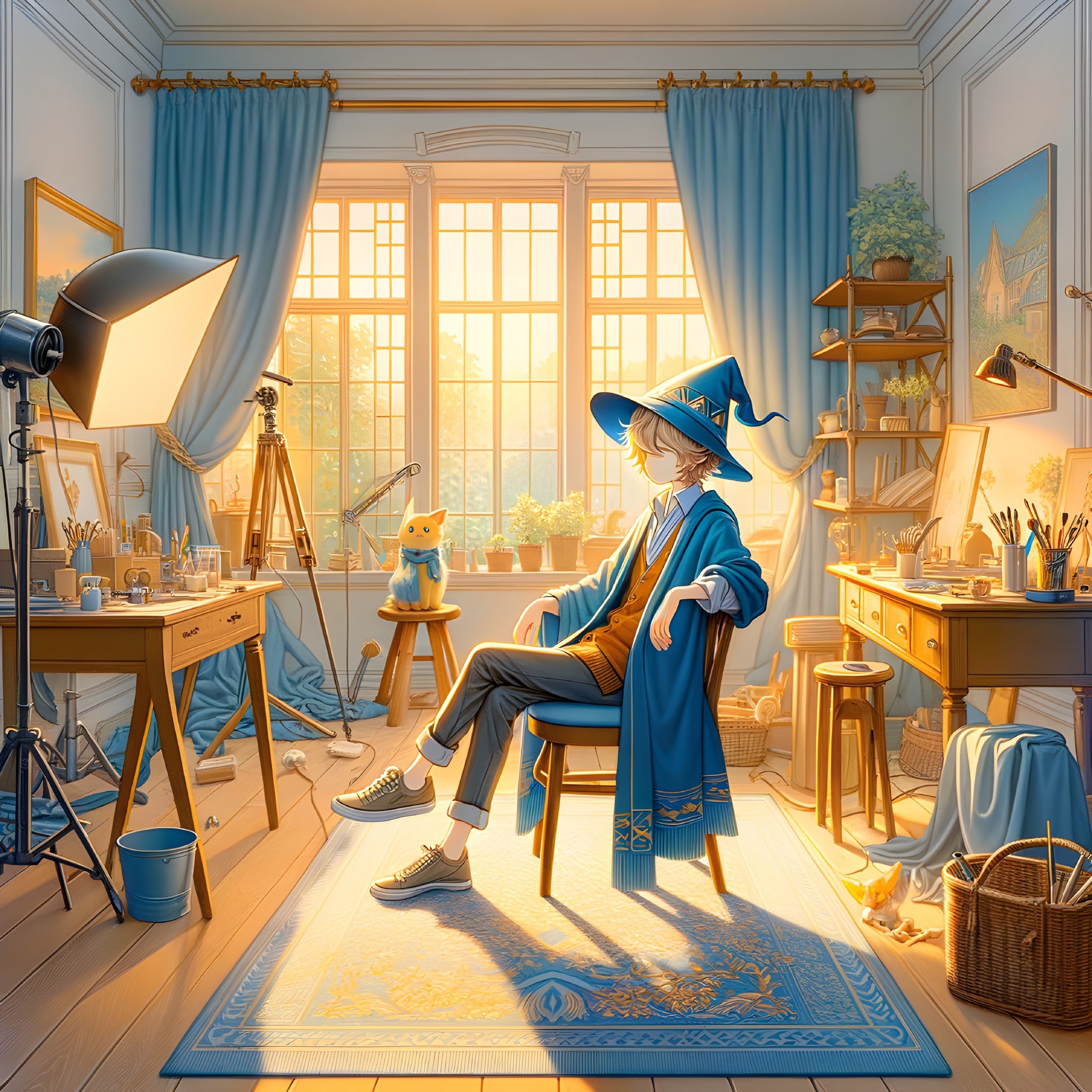 Illustration of a serene room with a wizard figure, cat, and painting supplies