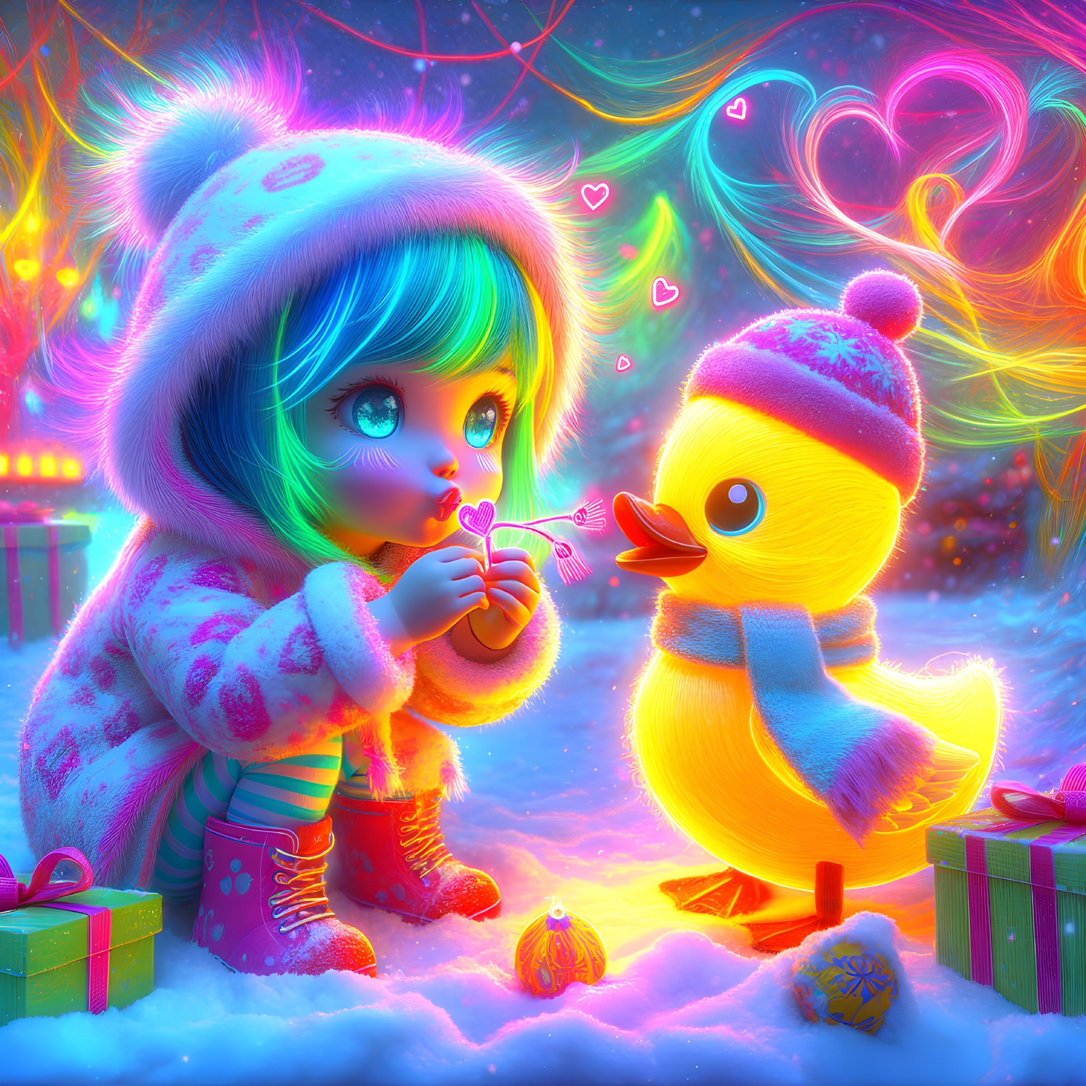 Girl in Blue Hoodie and Duck Blowing Heart Bubbles