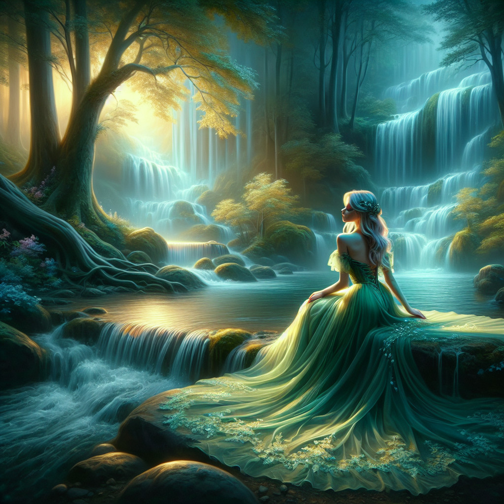 Serene Woman by Waterfall in Magical Forest Setting