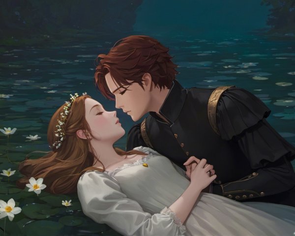 Young couple on a tranquil lake with lily pads