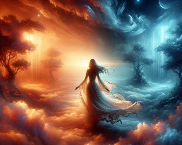 Mystical Figure in Surreal Landscape with Vibrant Colors