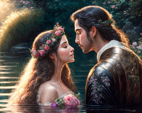 Young couple in shallow water surrounded by flowers