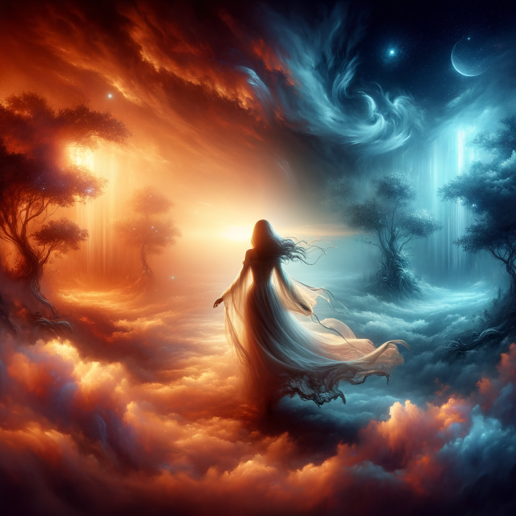 Mystical Figure in Surreal Landscape with Vibrant Colors