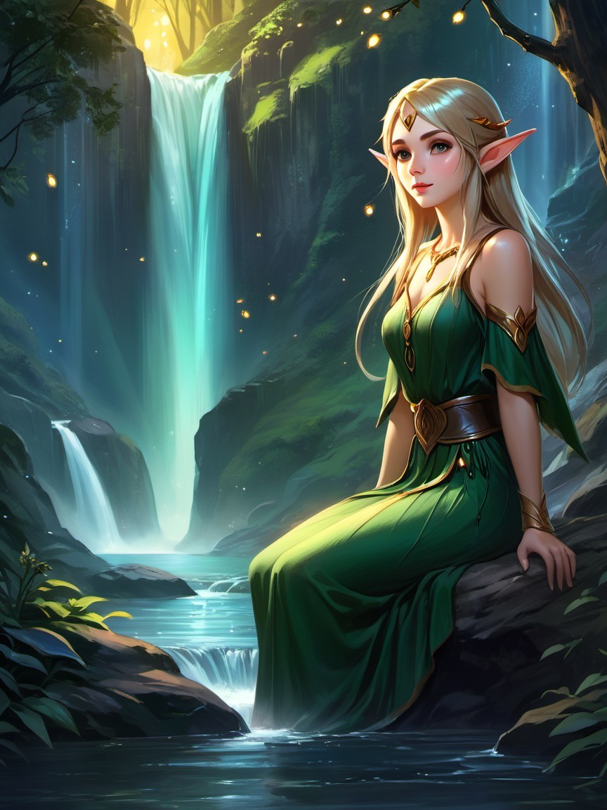 Elf by Waterfall in Lush Forest Setting