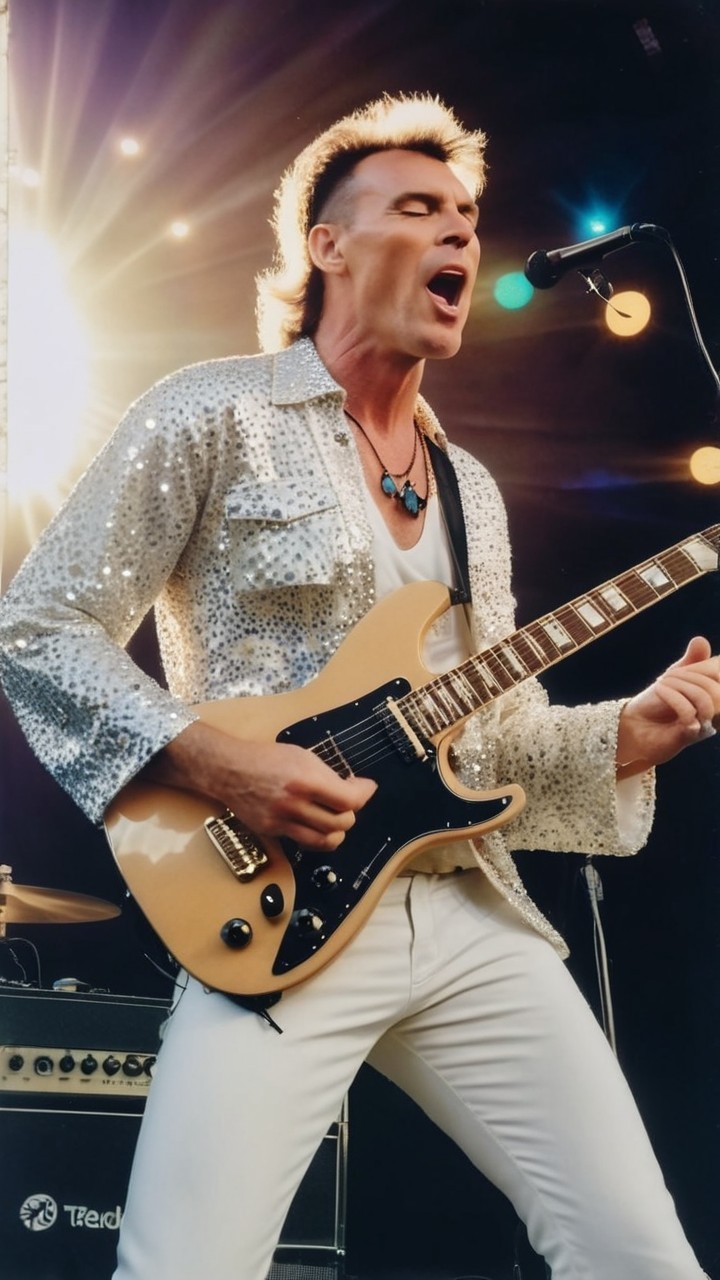 Musician in Silver Shirt Performs with Guitar on Stage