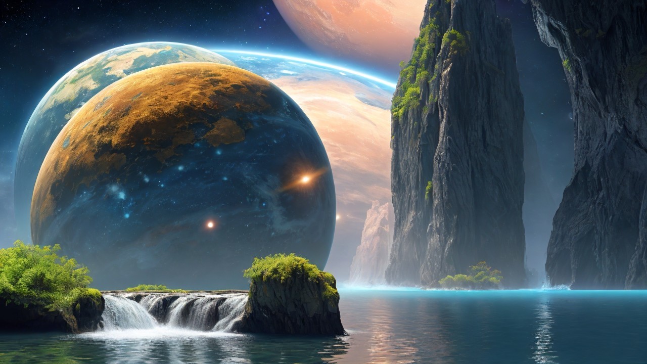 Alien Landscape with Cliffs, Waterfall, and Planets