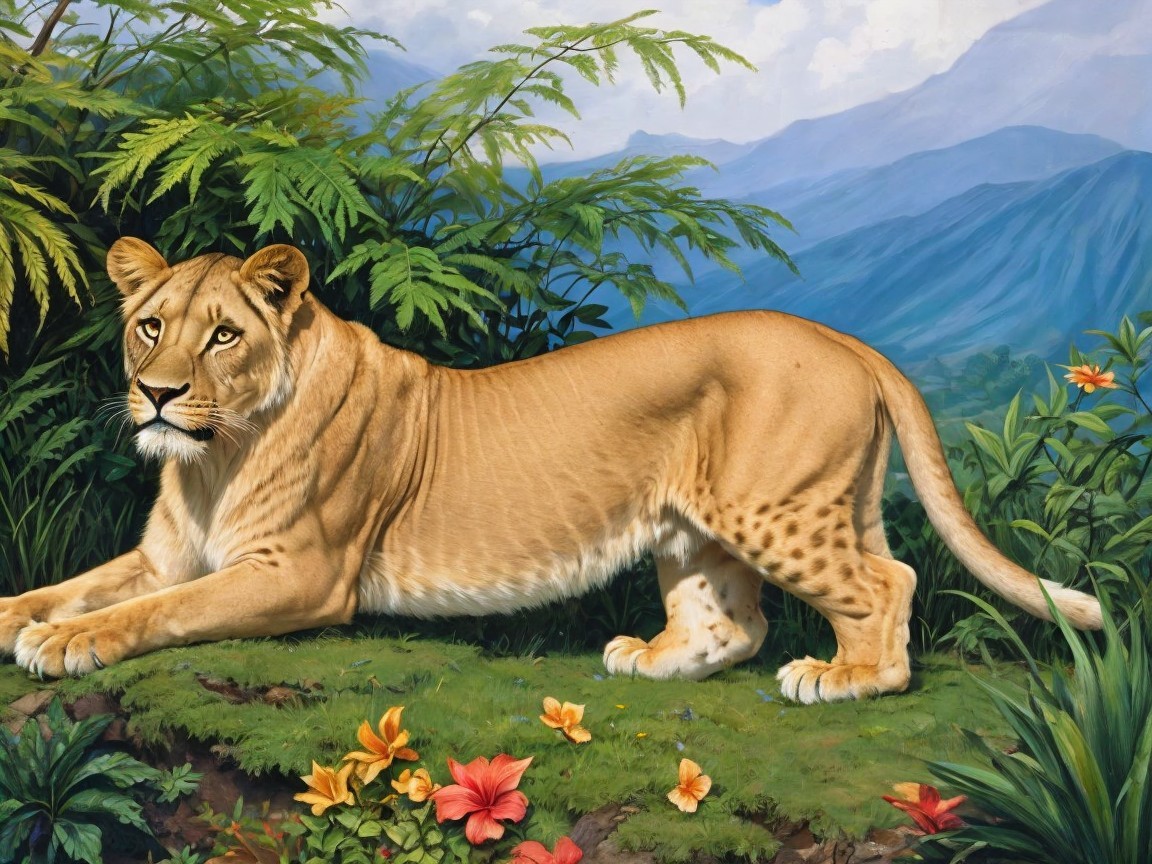 Lioness in a Serene Landscape with Mountains and Flowers