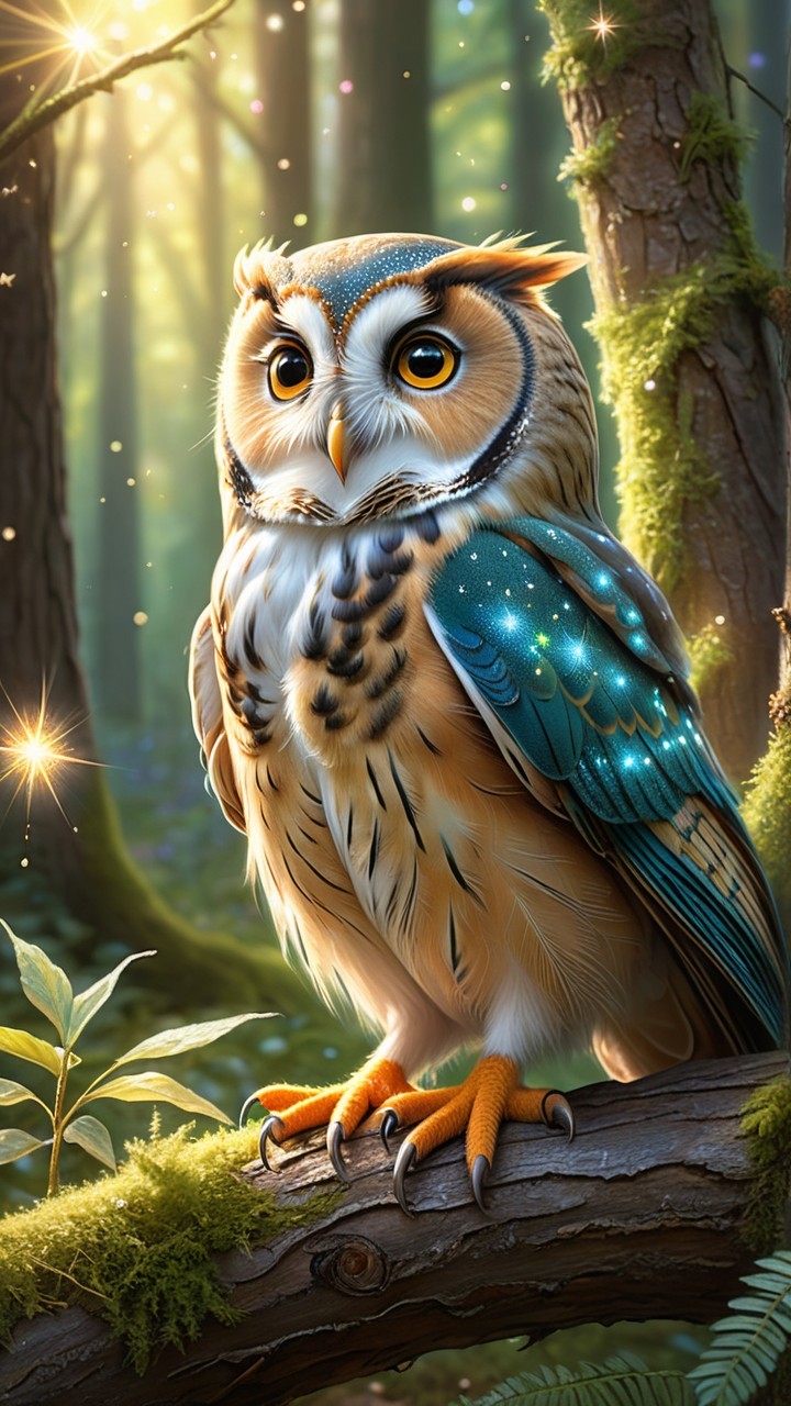 Owl on Moss-Covered Branch in Enchanted Forest