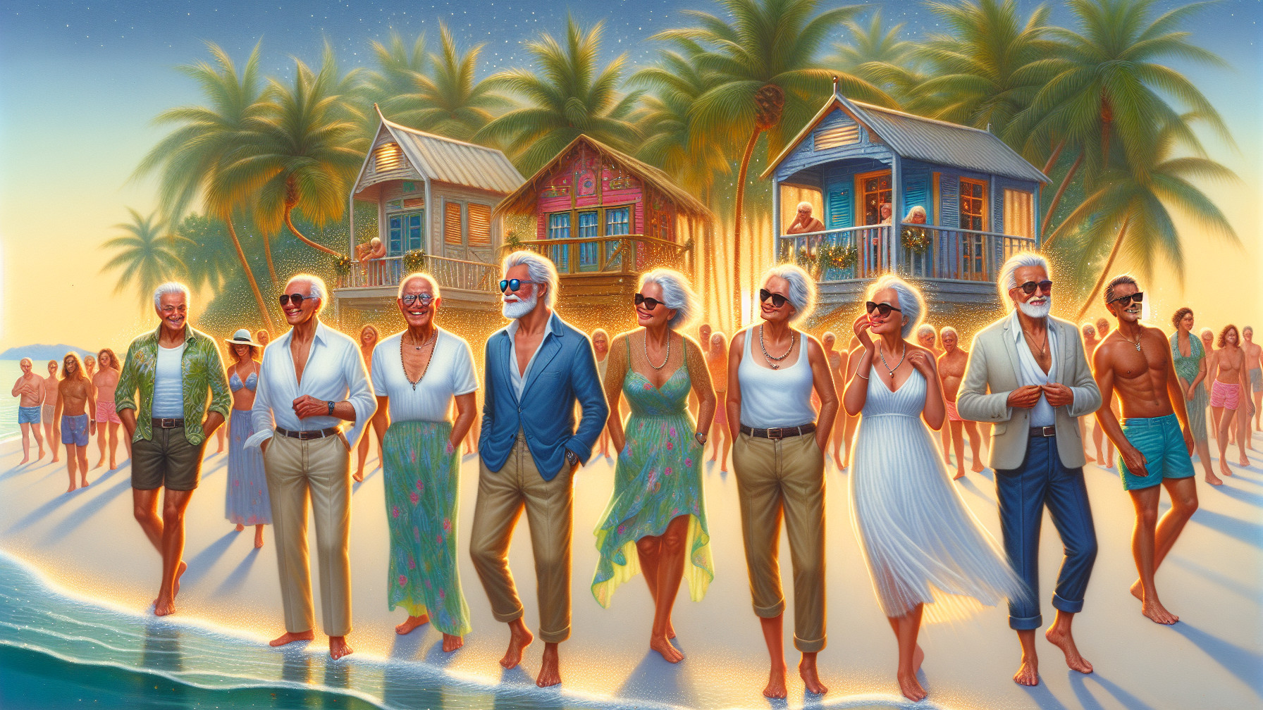 Vibrant Beach Scene with Seniors in Stylish Attire