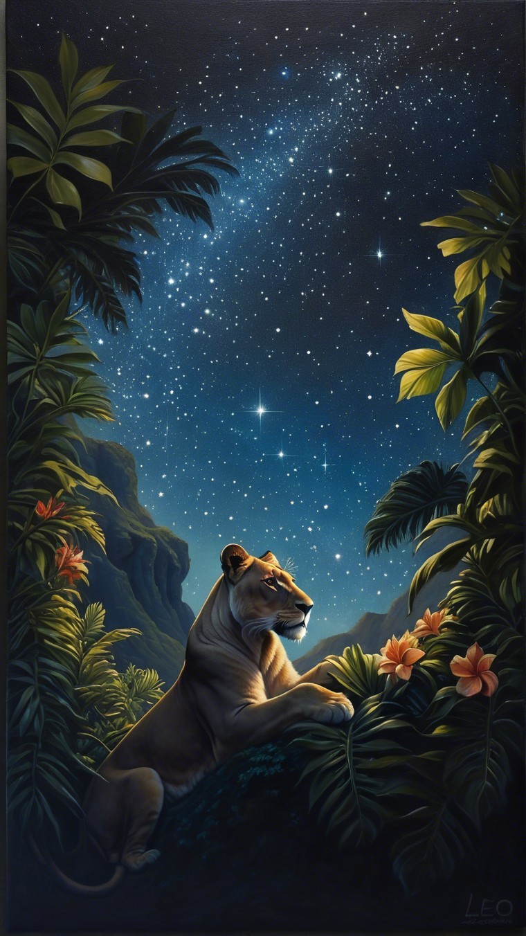 Lioness Resting Under Starry Night Sky with Flora