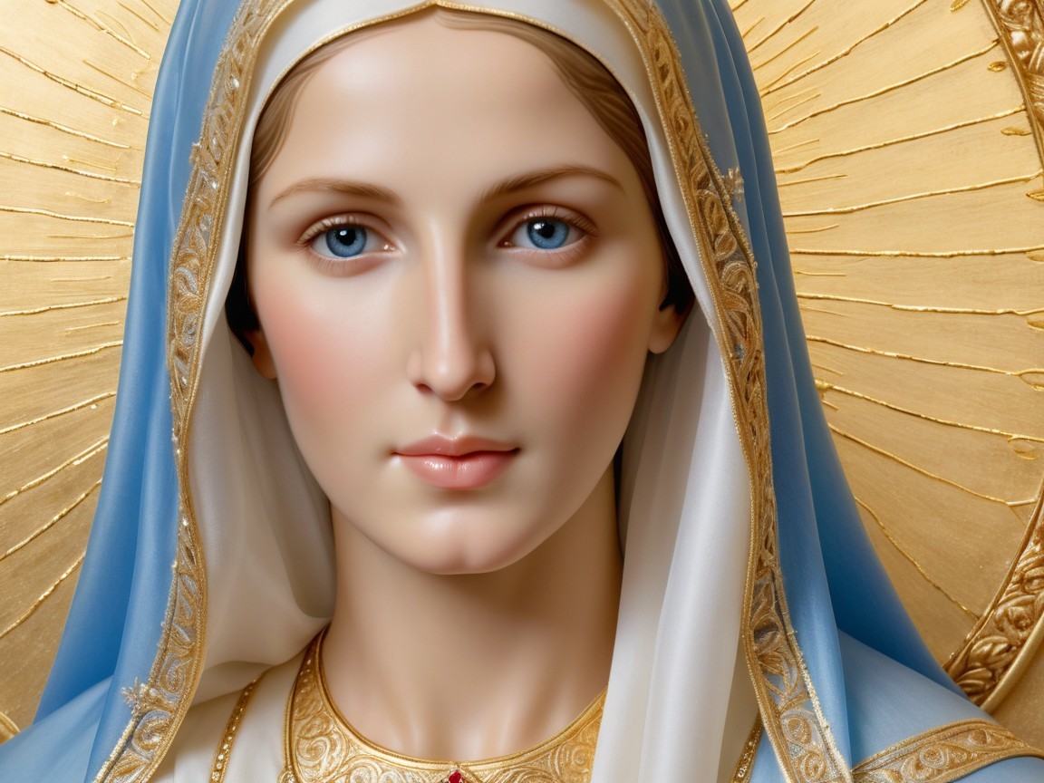 Serene depiction of the Virgin Mary with halo