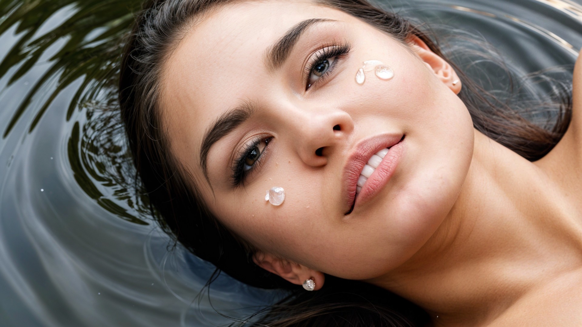 Young woman floating on water with serene beauty