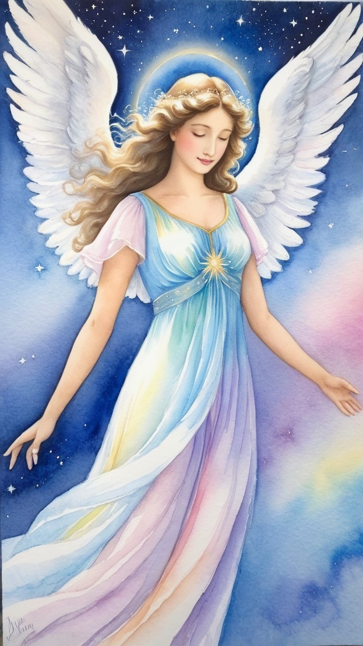 Serene Angel with Flowing Hair and White Wings