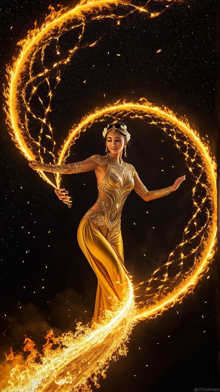 Dazzling Performer in Gold Costume Creates Fire Patterns
