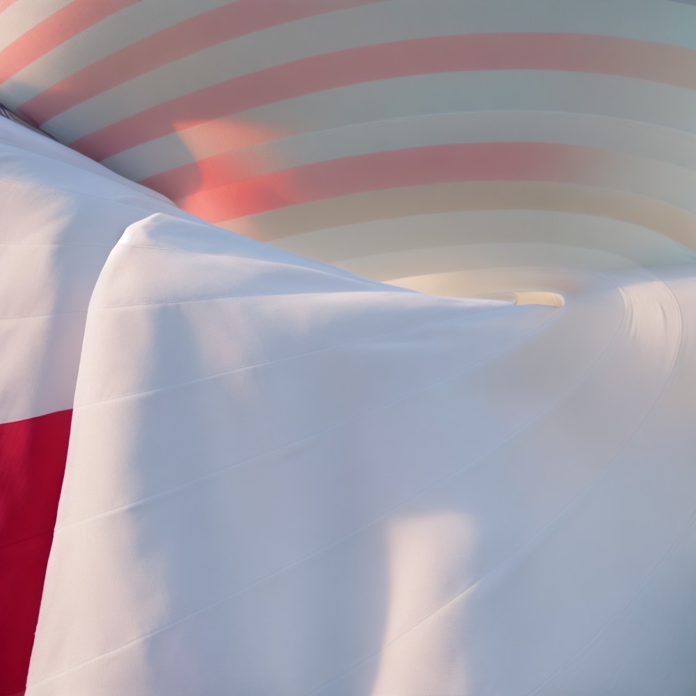 Abstract Curved Forms with Pastel Stripes and Red Accent