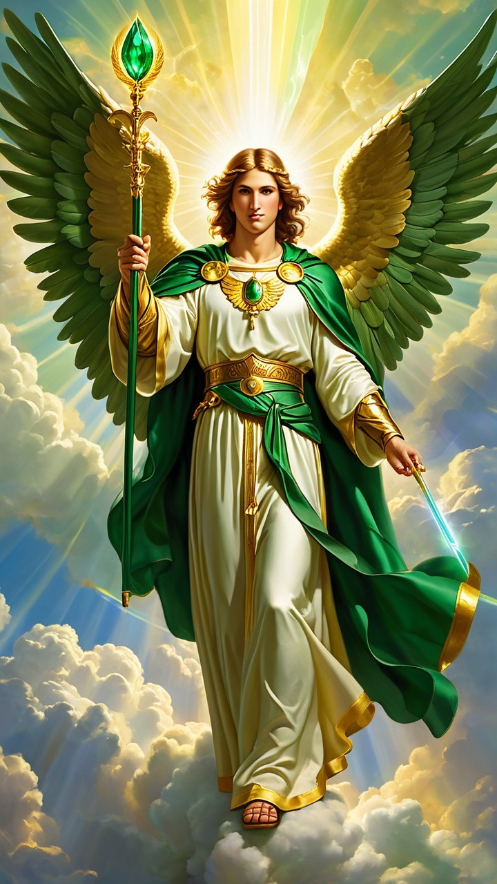 Celestial Figure with Wings in Radiant Clouds