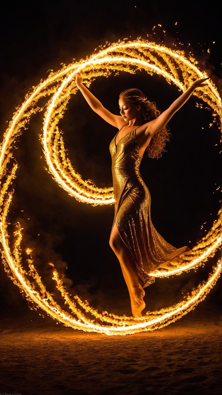 Dancer in Gold Dress Surrounded by Fire Swirls