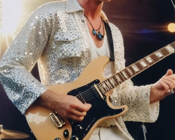 Musician in Silver Shirt Performs with Guitar on Stage