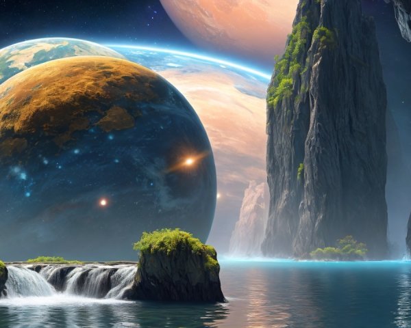 Alien Landscape with Cliffs, Waterfall, and Planets