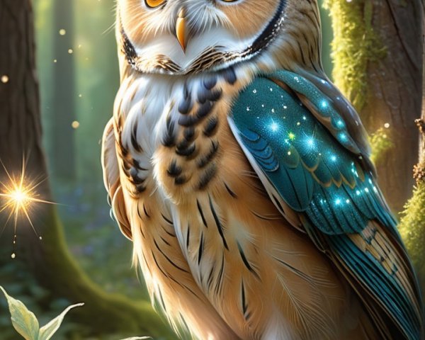 Owl on Moss-Covered Branch in Enchanted Forest