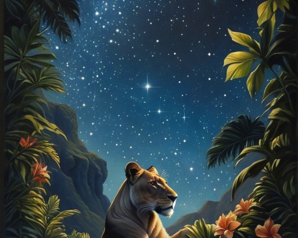Lioness Resting Under Starry Night Sky with Flora