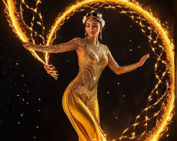 Dazzling Performer in Gold Costume Creates Fire Patterns