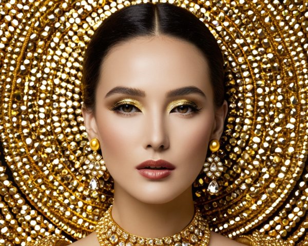 Close-up of a woman with bold makeup and elegance