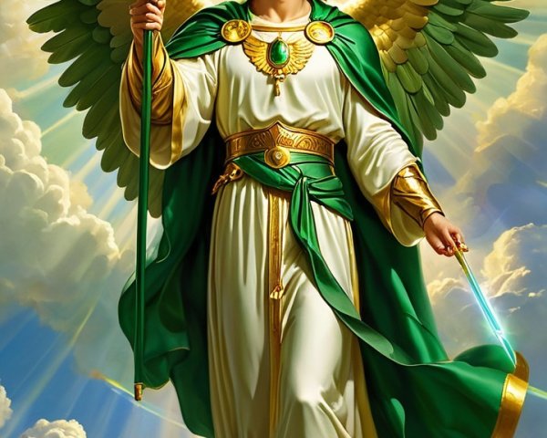 Celestial Figure with Wings in Radiant Clouds