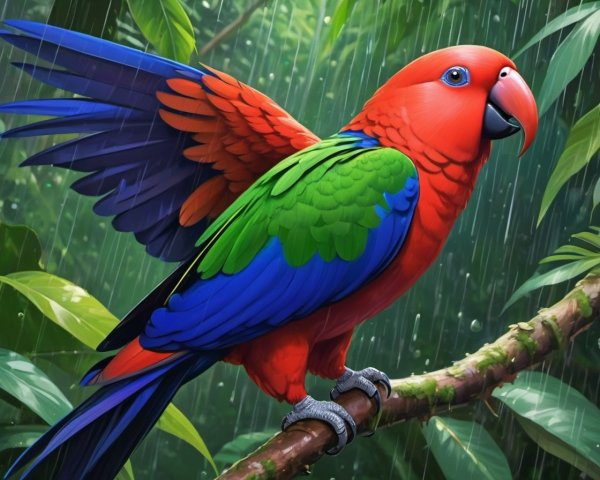 Vibrant Parrot on Branch in Lush Rainforest Setting