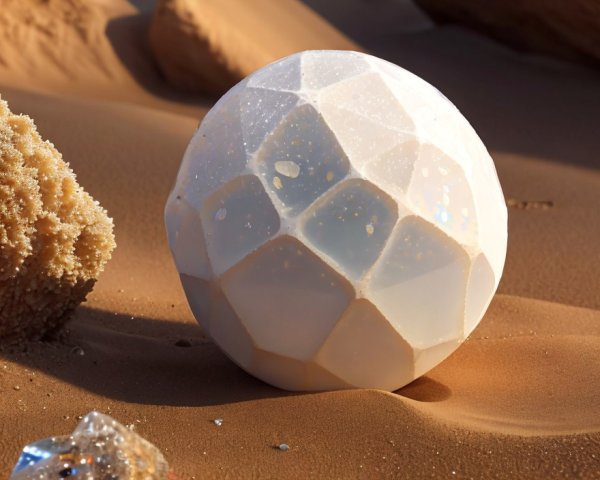 Translucent geometric orb on sandy surface with crystals