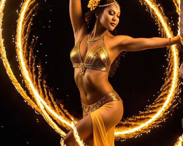 Dancer Performs with Fiery Hoops in Gold Attire