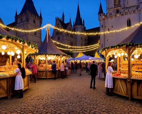 Charming Evening Market with Medieval Castle Backdrop